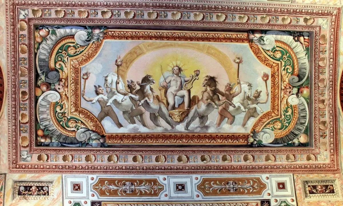 The frescoed ceiling of the Room of Apollo in the palace of Villa d'Este on a Tivoli day trip from Rome