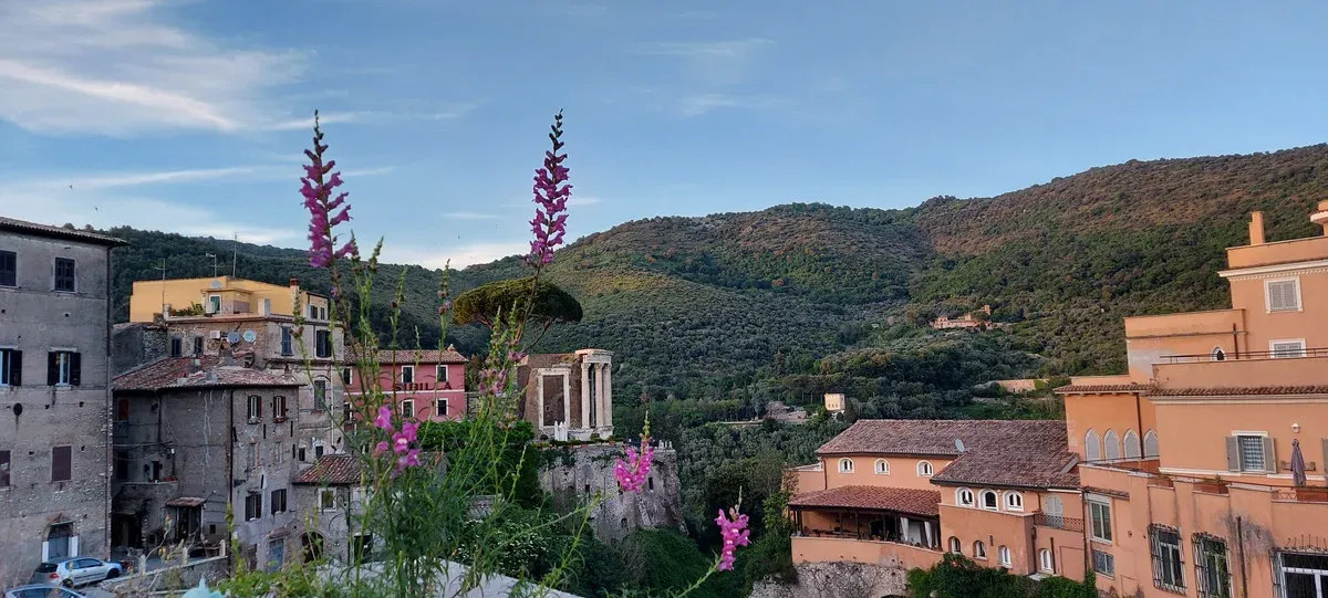 The rooftops of Tivoli old town with the Temple of Vesta and wooded hills beyond, free to walk on a Tivoli day trip from Rome